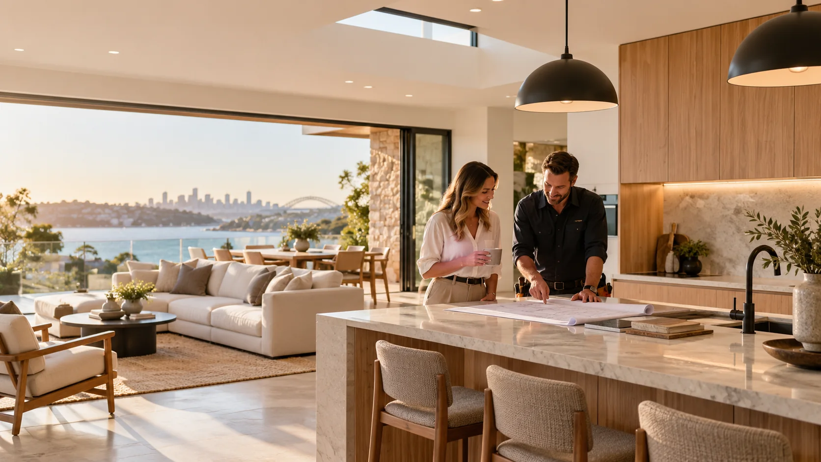 Illustrative contemporary kitchen renovation with homeowners discussing plans
