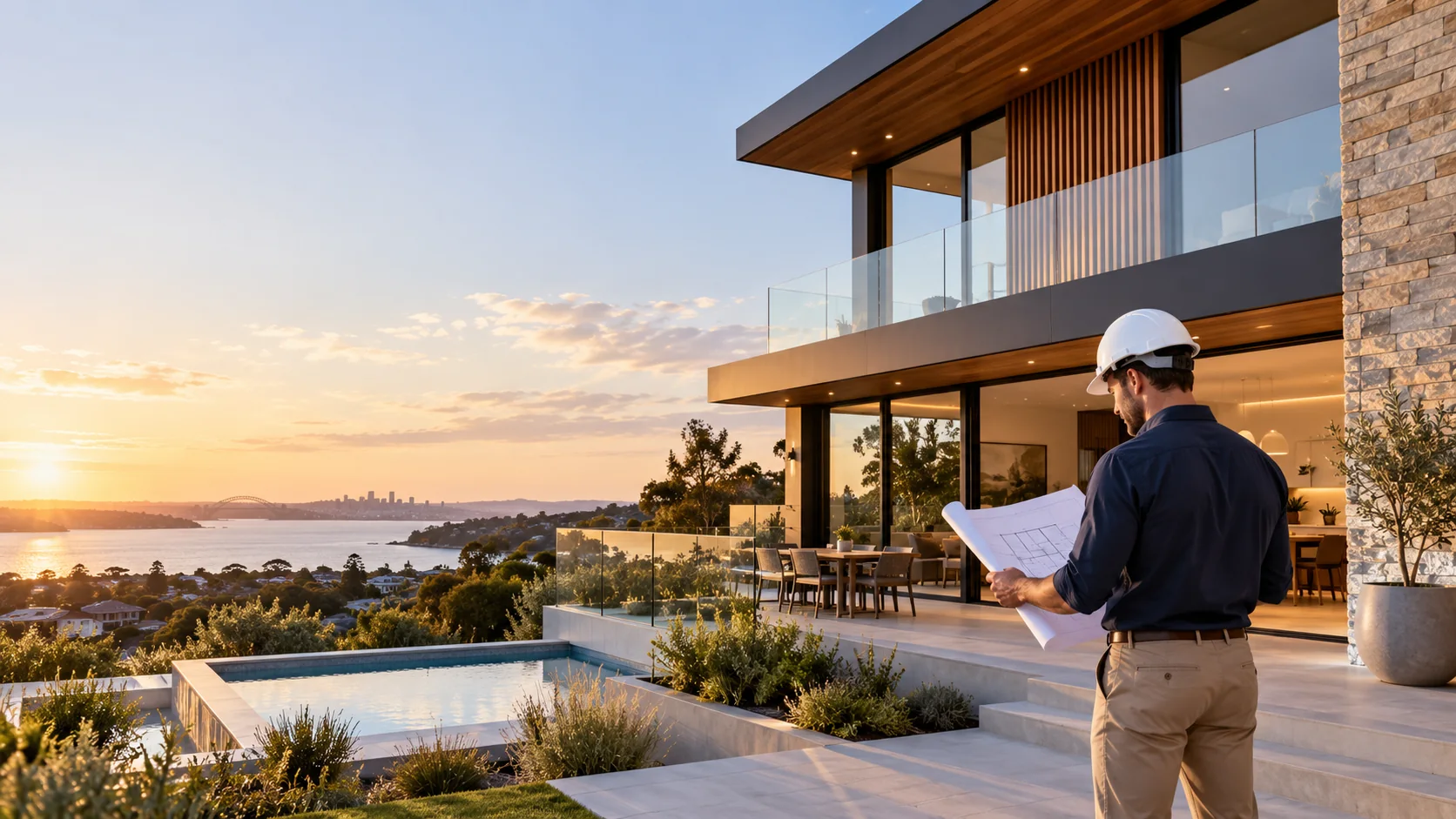 Illustrative contemporary Australian home and builder reviewing plans